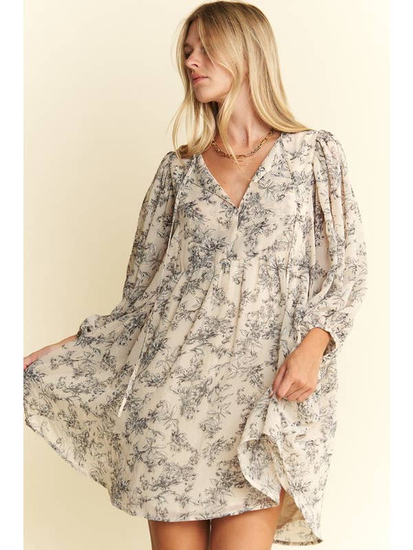 JADE BY JANE - Wholesale Dress - Women's - LINED 3/4 SLEEVE FLORAL CHIFFON BABYDOLL SHORT DRESS