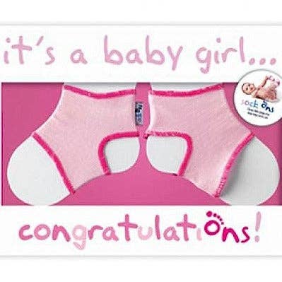 Sock Ons Congratulations Card (girl) for wholesale by Binnie Baby