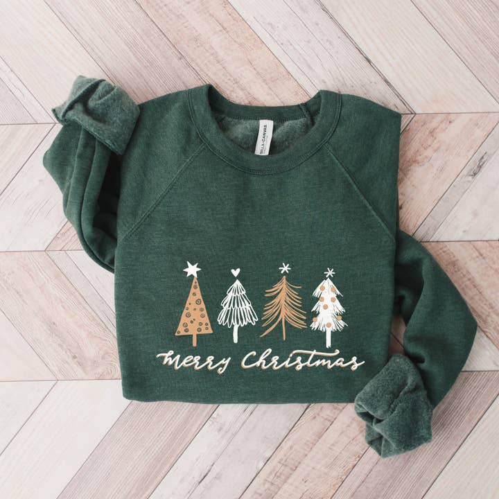 GLÆDELIG JUL med 4 træer Grafisk Unisex Fleece Pullover for engroshandel hos Shamaim