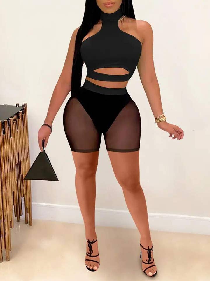 BLACK cutout halter crop top sheer mesh shorts set for wholesale on Faire2