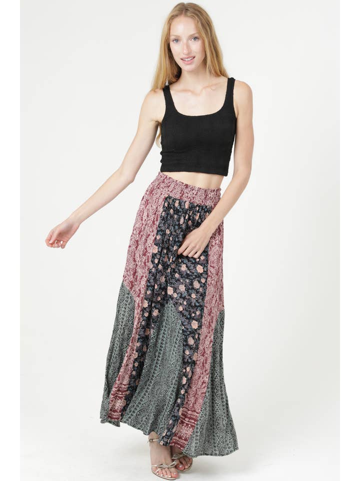 ANGIE - Wholesale Skirt – Women’s - B6A91-FR43 MIXED PRINT SMOCKED WAIST MAXI SKIRT1