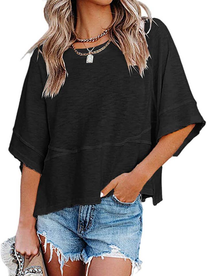 SALINA TRADING INC - Wholesale T-Shirt - Women's - Women Casual Stitching Solid Color Flared Sleeve T-Shirt6