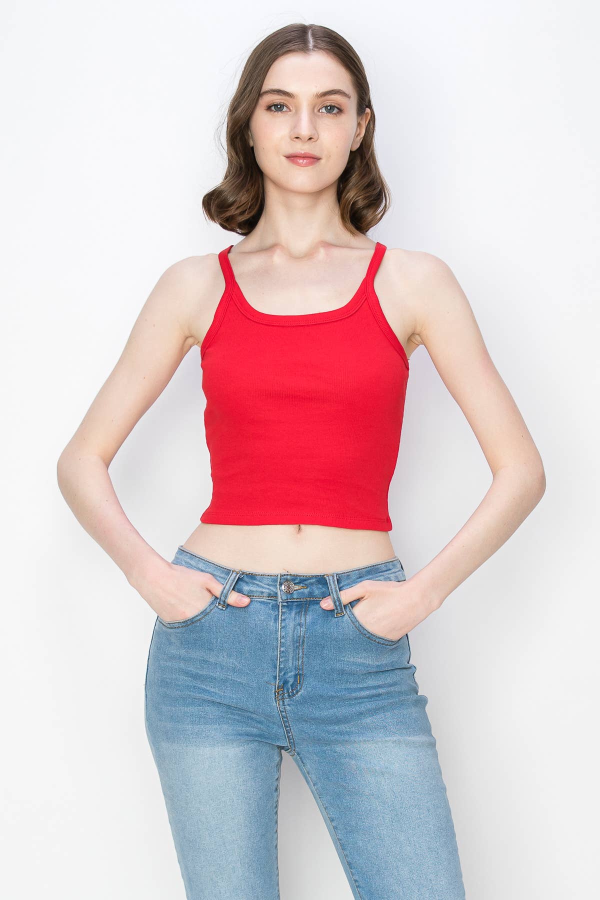 Color 5 - Vente Débardeur – femme - Débardeur spaghetti court en coton côtelé et élasthanne de couleur unie17