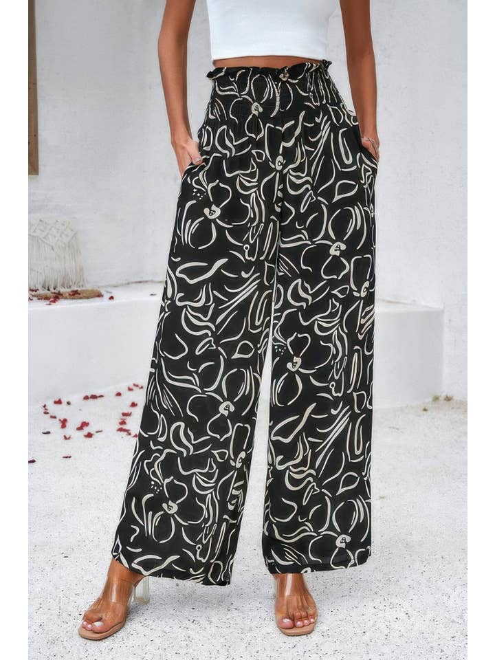 CC Wholesale Clothing - Venta al por mayor Pantalones - Mujer - Pantalón de Pierna Ancha de Cintura Alta con Volante Doblado y Estampado Integral5