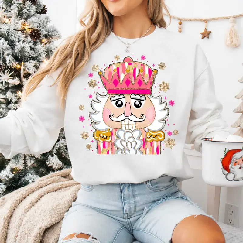 Plain Apparel Tees - Wholesale Graphic Sweatshirt - Women's - Pink Nutcracker Christmas Sweatshirt0