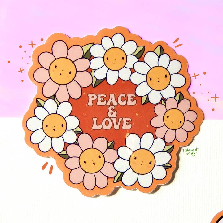 Daisies Peace and Love 70’s Kawaii Sticker for wholesale by Ethereal May