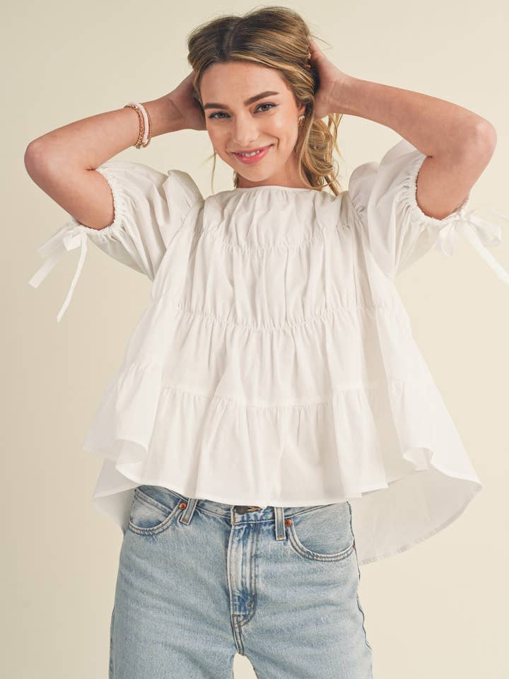 &MERCI - Wholesale Blouse - Women's - TIERED SHIRRING PUFF SLEEVE TOP MTP308142