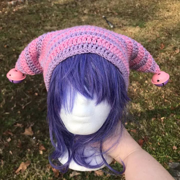 Pink and purple crochet jester hat for wholesale by OnigiriArt