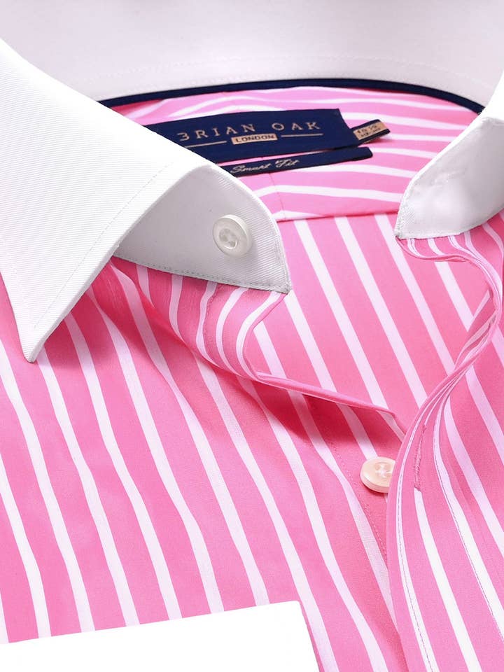 Flamingo roze gestreept overhemd met contrasterende kraag voor wholesale door Brian Oak Limited