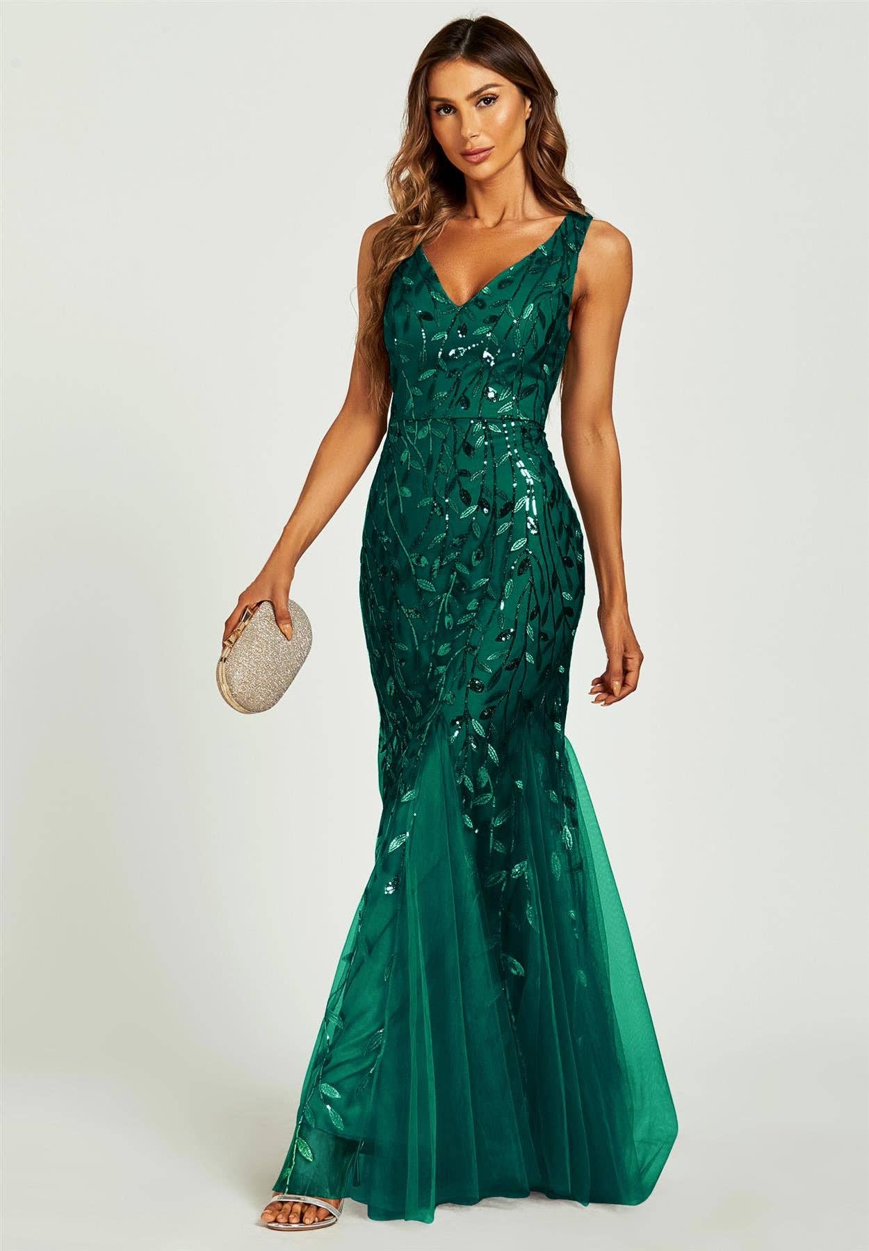 Sequin Leaf Detailed V Neck Bridesmaid Maxi Dress In Green for wholesale on Faire4
