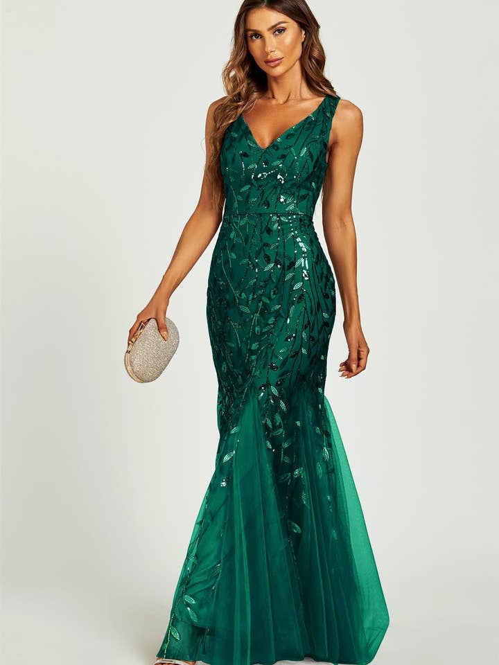 grün Maxikleid für Brautjungfern mit Paillettenblatt-Details und V-Ausschnitt in Grün für den Großhandel auf Faire4