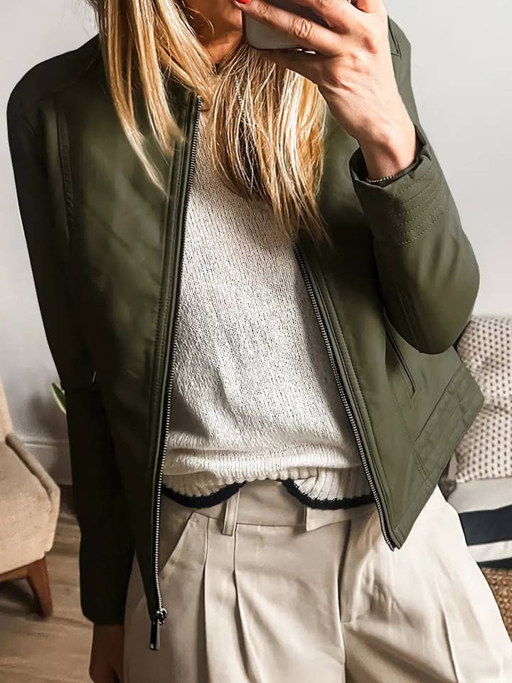 sage green faux leather zipper bomber jacket for wholesale by StyleGalX