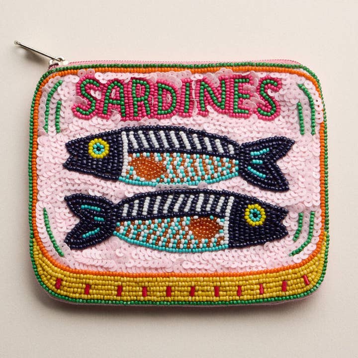 MT Beaded Sardine Tin Clutch – Pink Hand-Embroidered Sequin Zip Pouch for wholesale on Faire