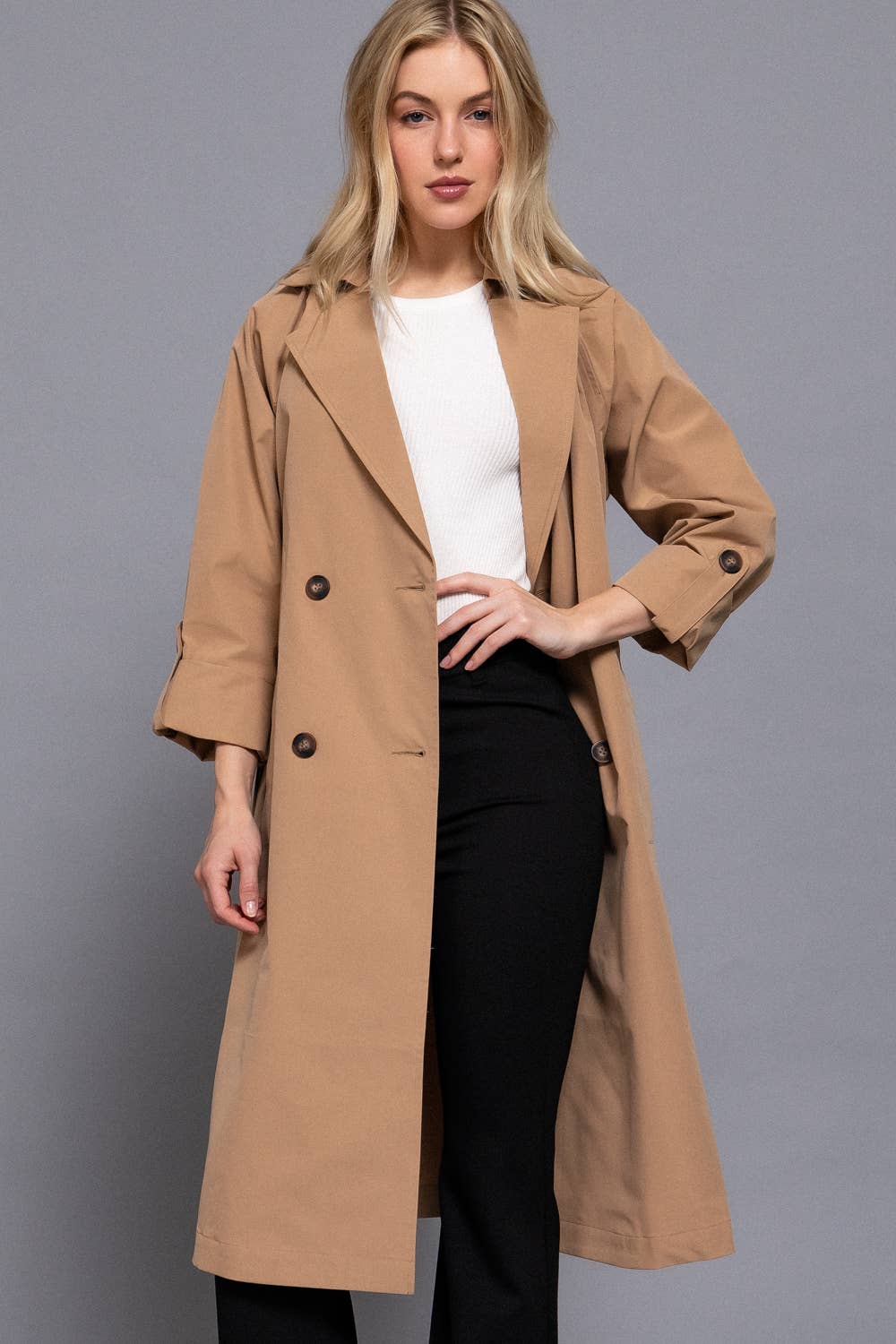 Active Basic | Active USA - Wholesale Trench Coat - Women's - Long Sleeve V-Neck Lapel Collar Trench Coat with Belt8