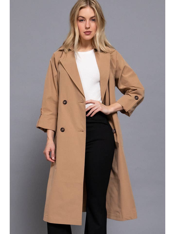 Active Basic | Active USA - Wholesale Trench Coat - Women's - Long Sleeve V-Neck Lapel Collar Trench Coat with Belt8