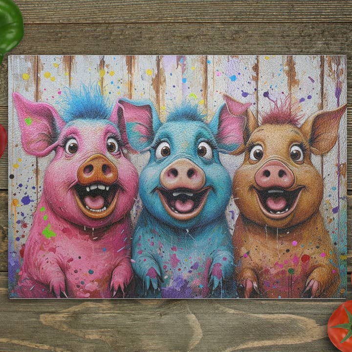 Tagliere in vetro Trio di Maialini Felici per la vendita all'ingrosso da parte di Beautiful Creations by Laney
