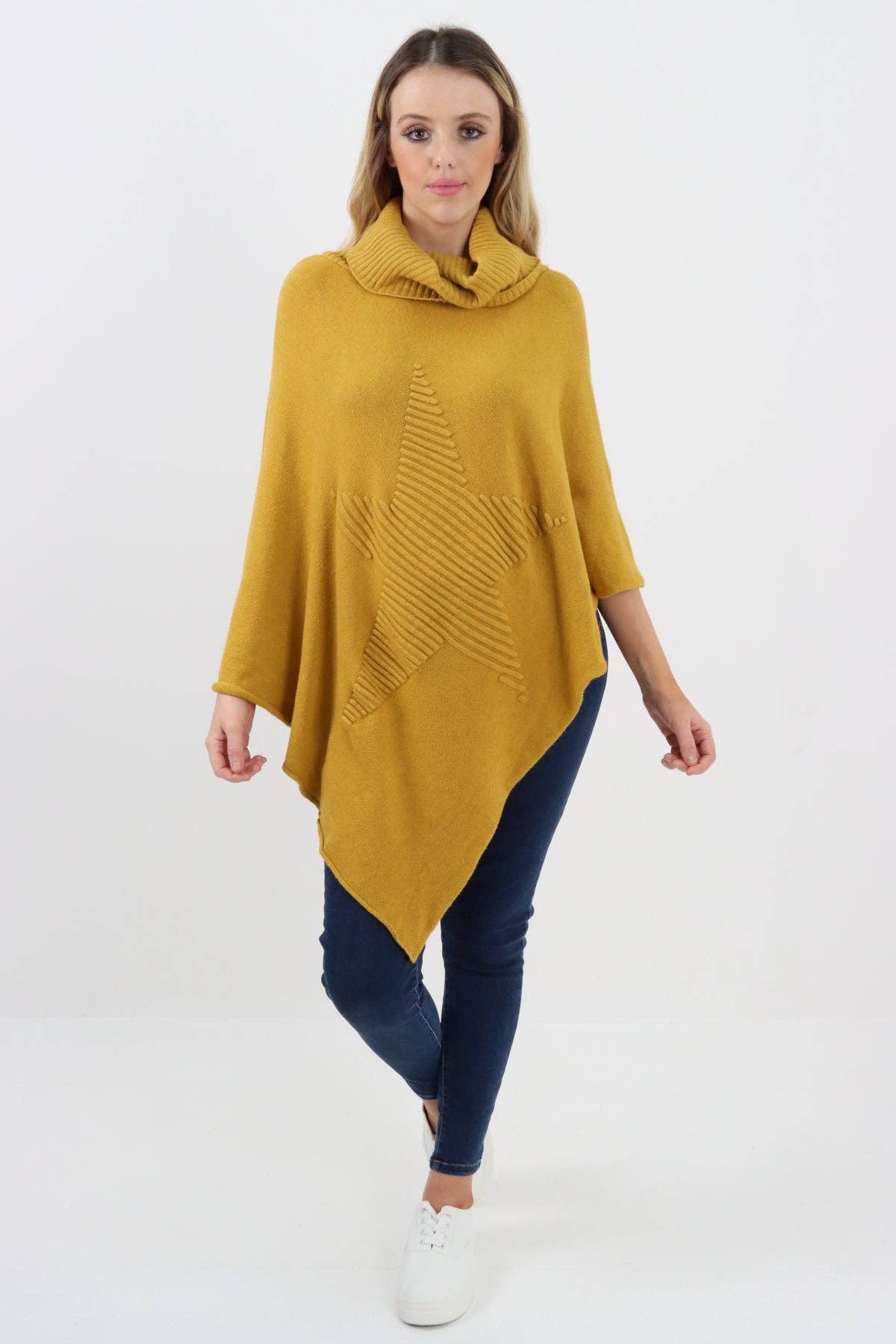 Miss Bold – Engroshandel Poncho - Dame – Italiensk strikket lagenlook poncho med stjernemønster og rullekrave24