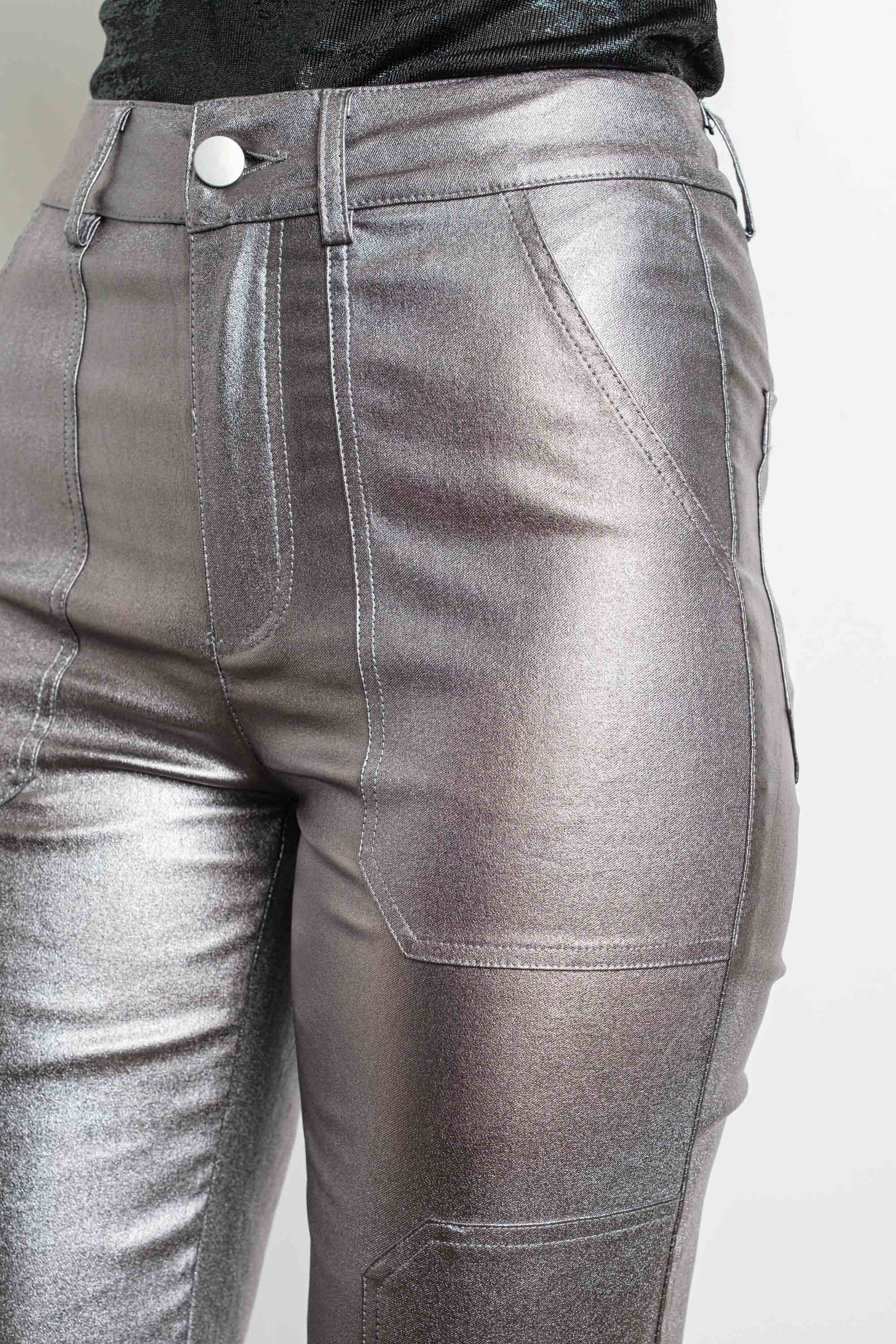 KIWI – Calças - Mulher por atacado – Calças metálicas stretch KIWI com cintura alta e pernas retas9