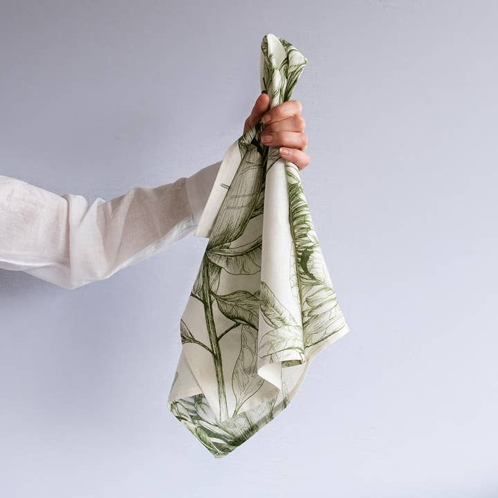 Linen Mix Tea Towel with Botanical Drawings in Moss Green for wholesale by Musango