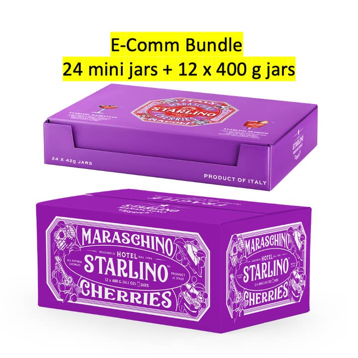 Hotel Starlino Italian Maraschino Cherries - Wholesale Preserves - Mini Jar Bundle - 12 x 400g jars with 24 mini 42g jars1