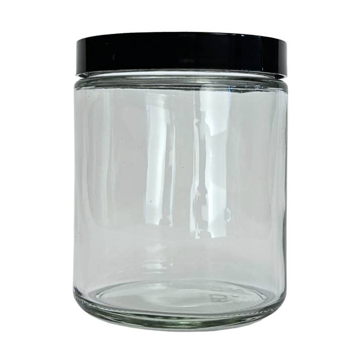 8oz Clear Glass Straight Sided Jar with Black PP Lid for wholesale by The Bottle Shoppe
