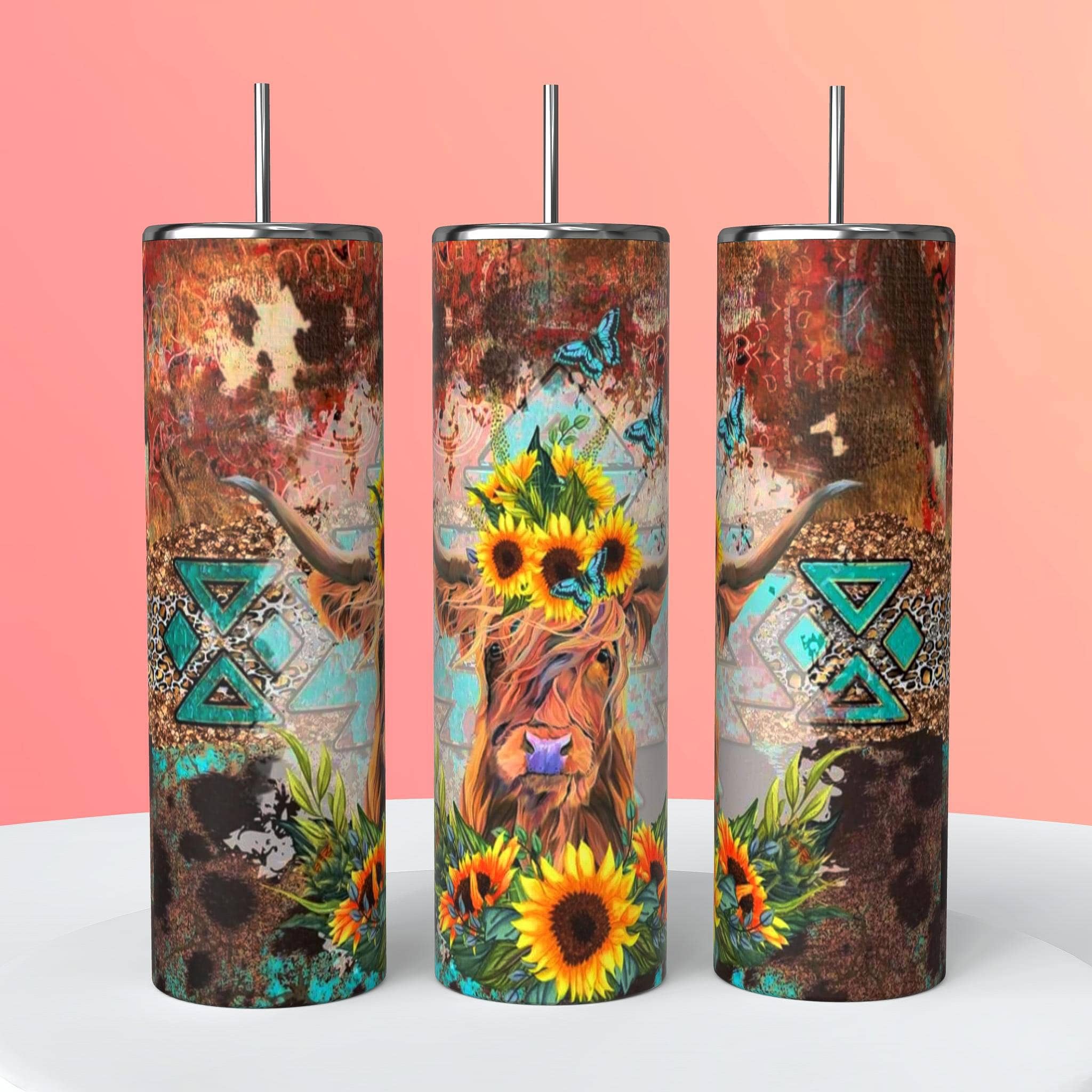 Farm Life Crafting – Engroshandel Thermokop – Highland Cow med solsikke 20 oz stål Tumbler0