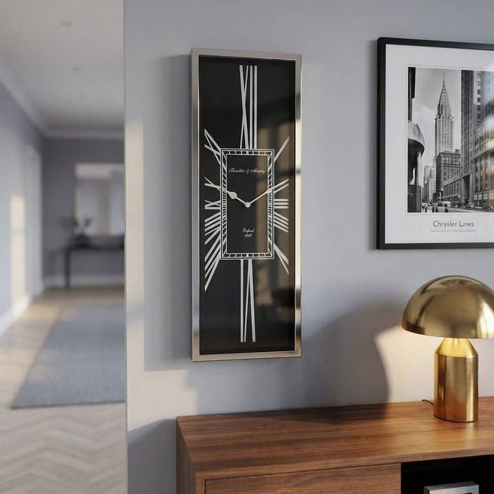 Reloj de pared Art-Deco rectangular, negro plata, frente de vidrio níquel, A.61x20 cm para venta al por mayor de Antikas