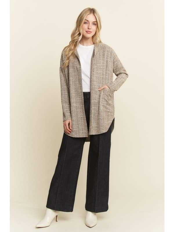 Black SJ1032-38 BOUCLE FABRIC HOODIE OPEN CARDIGAN for wholesale on Faire9