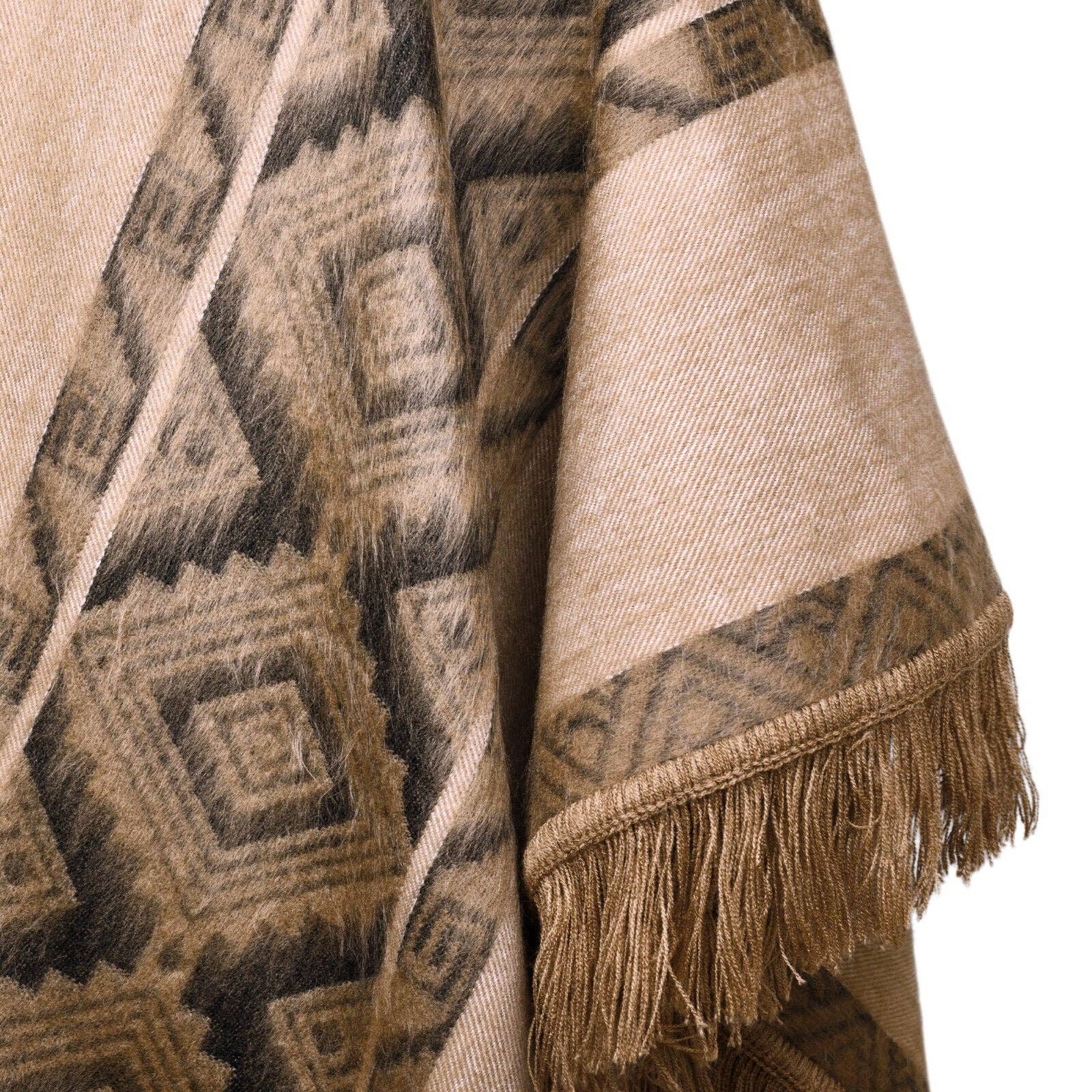 ECUALAMA – wholesale Poncho – Women's – Conambo - Lightweight Baby Alpaca Fringed Hooded Poncho - Taupe & Charcoal - Unisex12