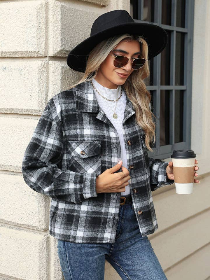 Lily Clothing - Wholesale Shirt Jacket/Shacket - Women's - LONG-SLEEVED PLAID WOOL JACKET WITH BAGGY POCKETS4