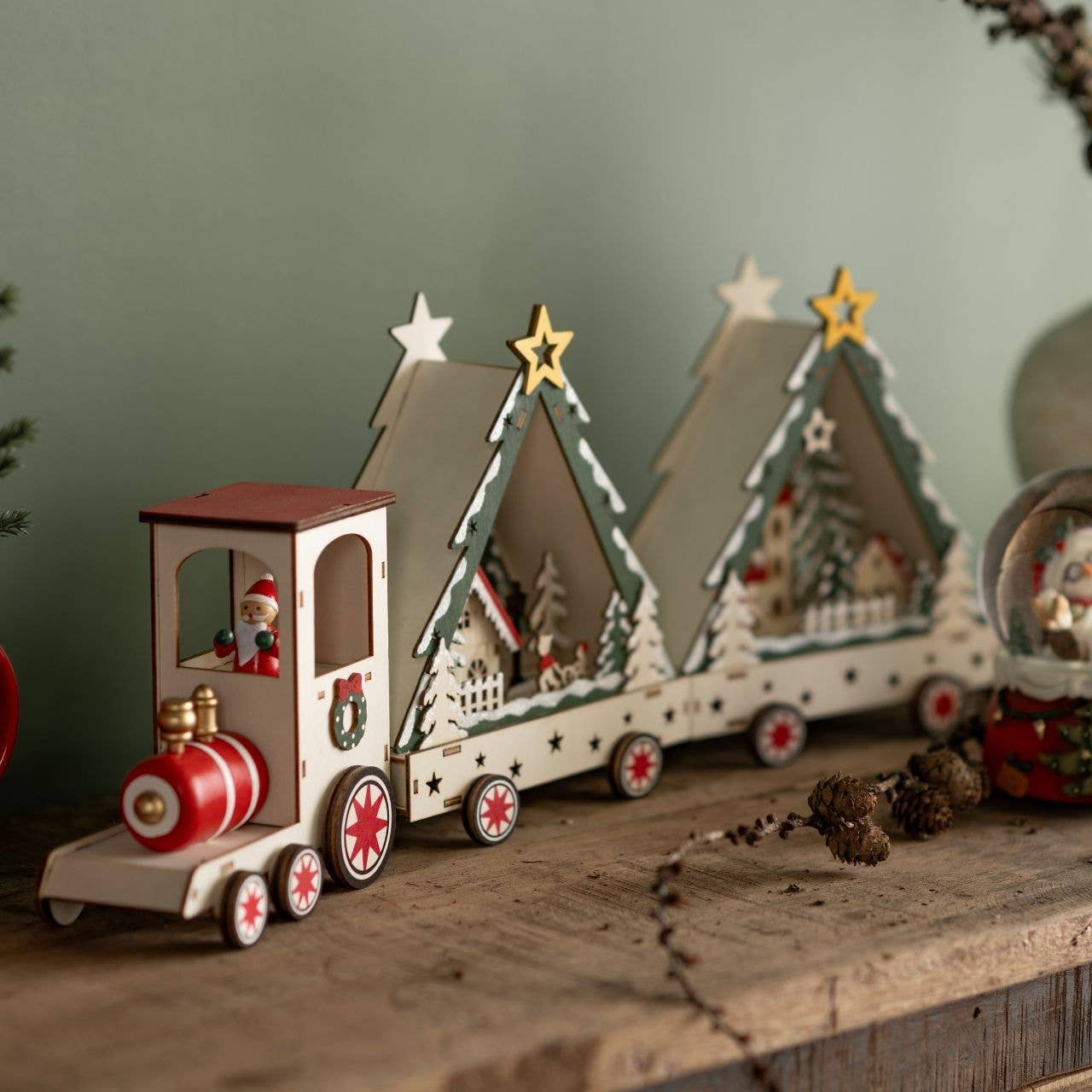 Wurm - Wholesale Christmas Decoration - LED Winter Scene Train with Timer (excl. 2xAA) made of Wood, Natural (W/H/D) 54x21x9cm2