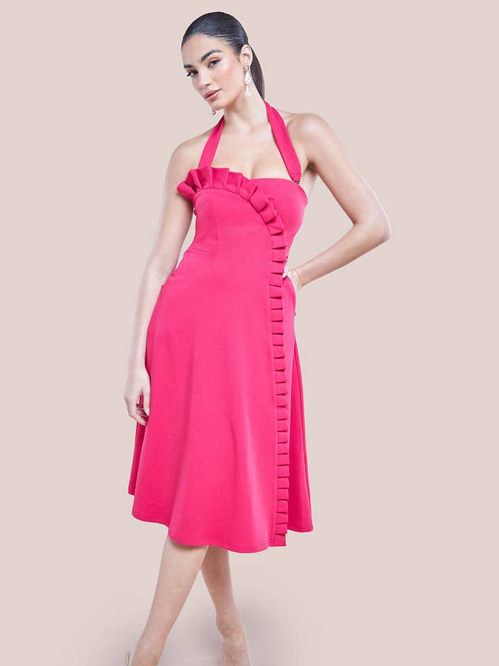 GODDIVA FRILLED HALTER NECK STRAP MIDI DRESS DR4205 for wholesale by Goddiva