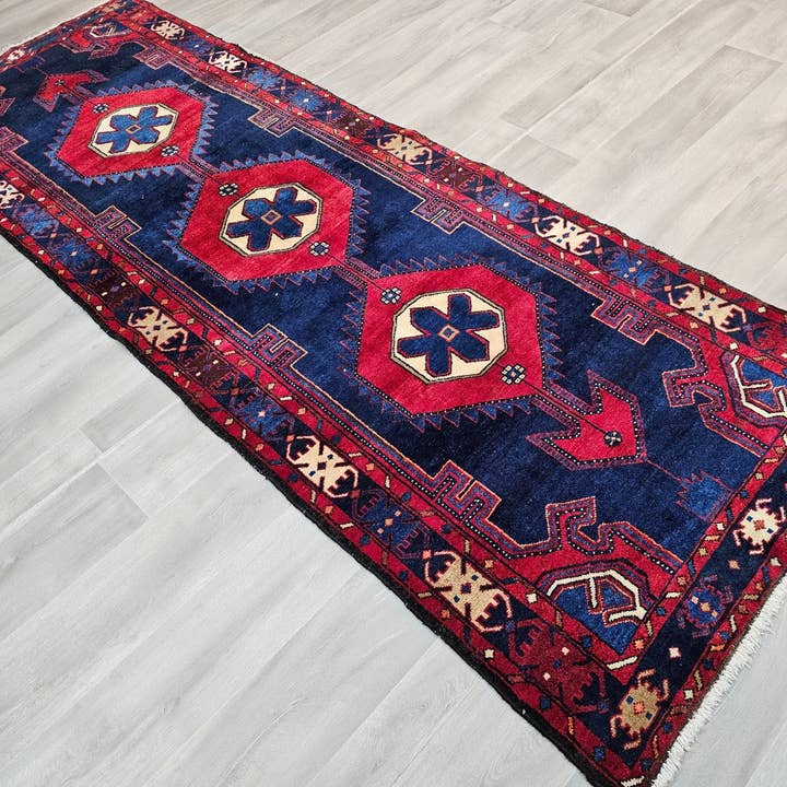 3.50x9.85 feet Traditional Wool Antique Persian Runner Rug Red Navy Blue for wholesale by MesopotamiaRugs