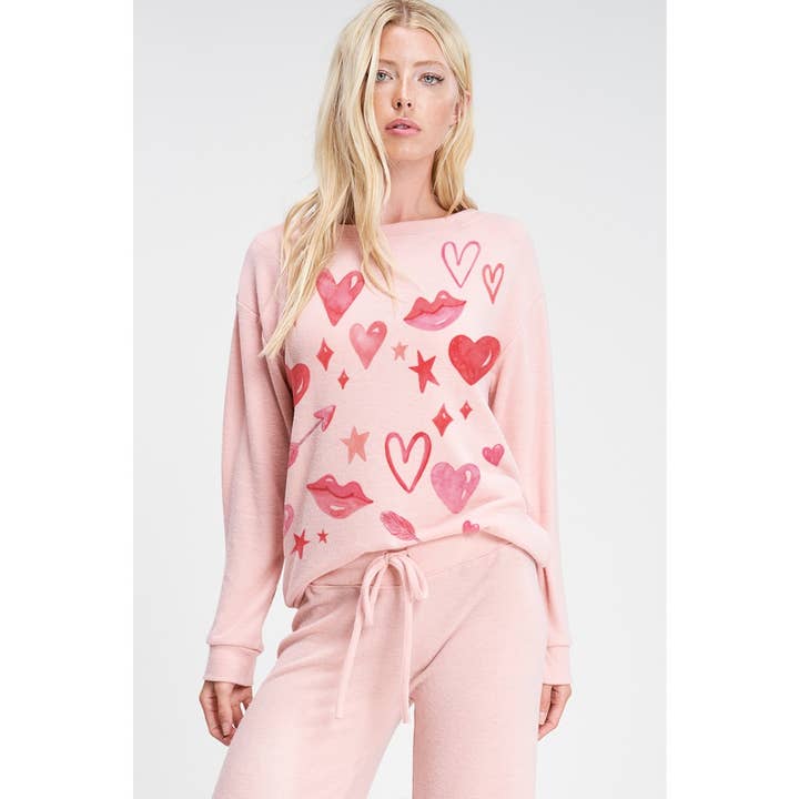 Læbe- og hjerteprintet blødt loungewear-sæt for engroshandel hos Phil Love