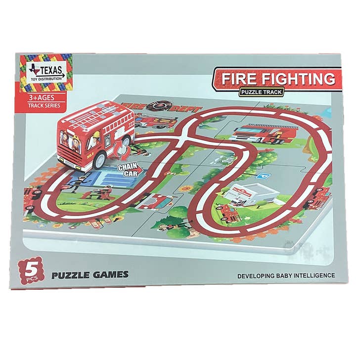 Texas Toy Distribution - Wholesale Puzzle - Kids - Fire and Police Puzzle Track Kits with Wind-Up Vehicle