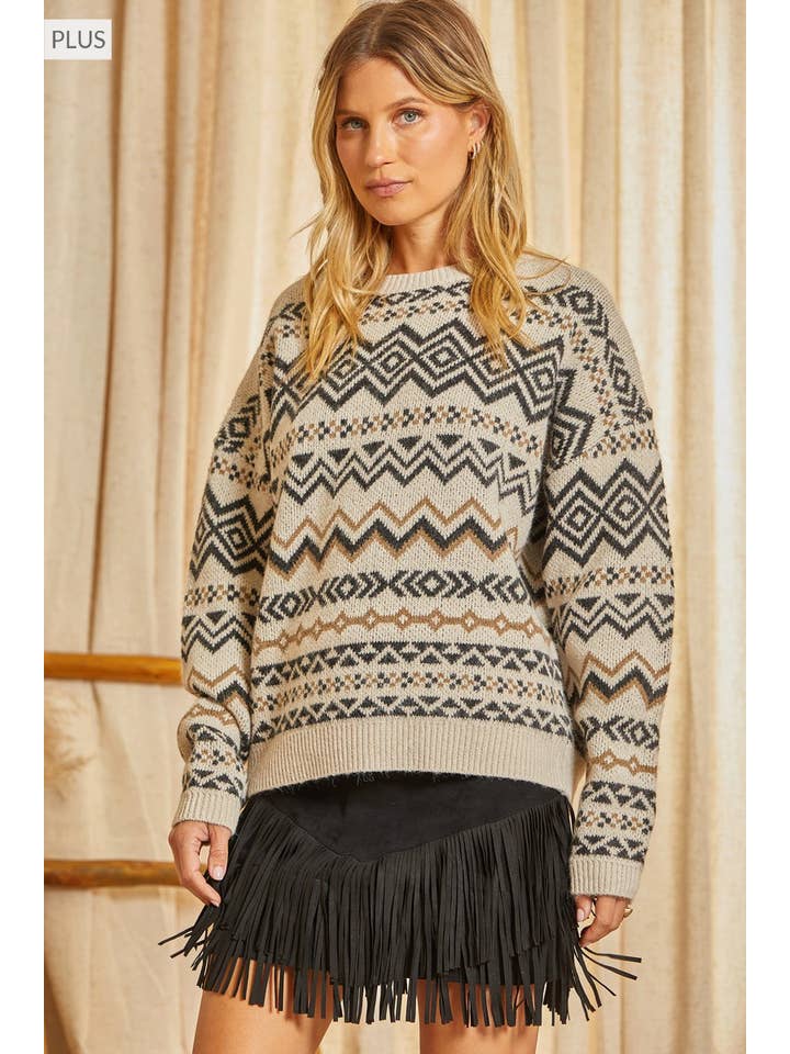 SCHWARZ BEIGE PLUS Strickpullover mit Azteken-Muster T12202-1PLUS für den Großhandel auf Faire