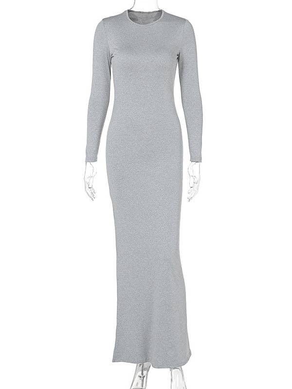 Chicto - Wholesale Jurk - Dames - Bodycon Lange Mouwen Transparante Effen Kleur Ronde Hals Maxi Jurken