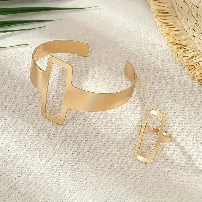 Huis Van Merken - Venta al por mayor Juegos de joyas - Set de pulsera abierta y anillo chapados en oro de 14K – Joyería sencilla y elegante para mujer3