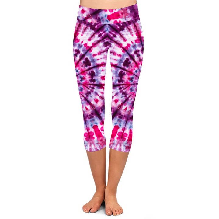 My Legging Company - Wholesale Athletic/Lounge Leggings - Women's - Pink/Purple Tie Dye Capri Leggings