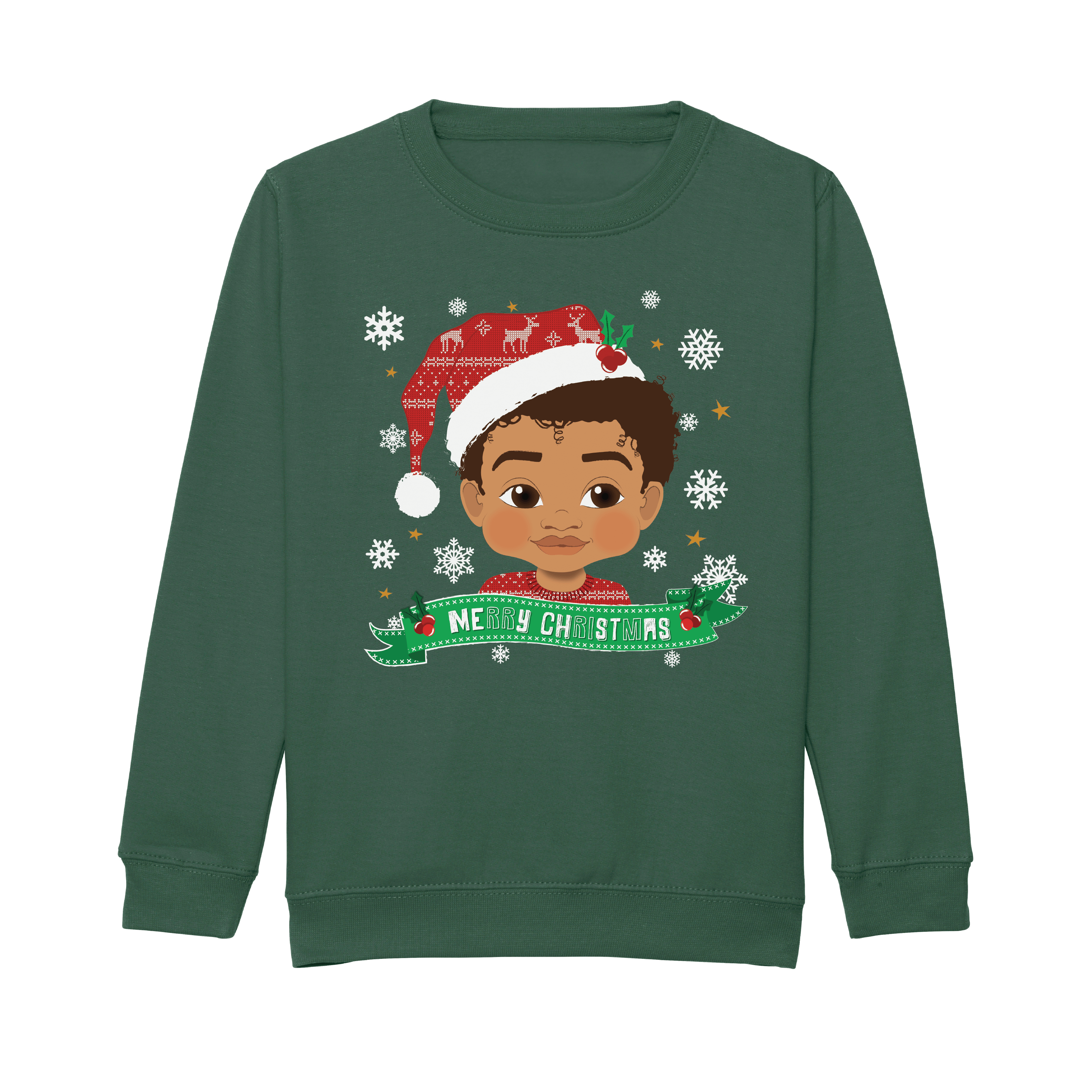 Fefus Designs - Wholesale Sweatshirt - Kids - Mixed Race Boy Santa Hat Christmas Sweatshirt – Holiday Jumper | Fefus Designs1