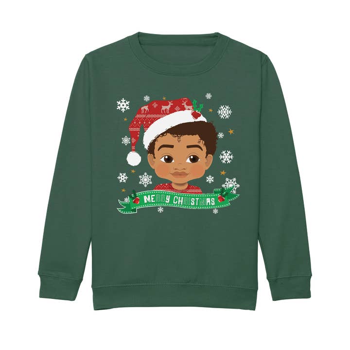 Fefus Designs – wholesale Sweatshirt - Kids – Mixed Race Boy Santa Hat Christmas Sweatshirt – Holiday Jumper | Fefus Designs1