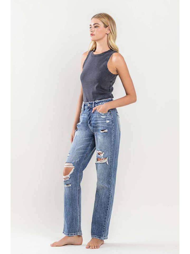 MASE SUPER HIGH RISE DISTRESSED STRAIGHT JEANS Y3913 for wholesale on Faire