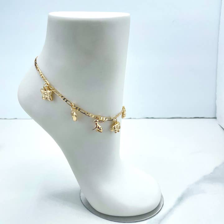 DIJU Jewelry - Wholesale Anklet - 18k Gold Filled 3mm Figaro Chain Anklet with Dangle Charms, Butterfly, Bunny, Apple, Elephant, Clover & Shell, Wholesale Jewelry Supplies4