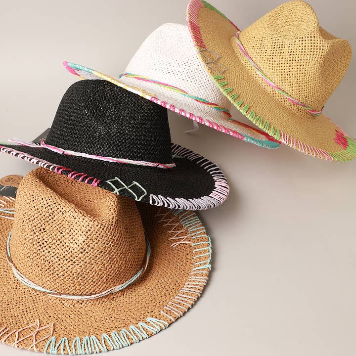 Fashion City - Wholesale Straw Hat - Women's - Multi-Colored Stitched Brim Panama Hat