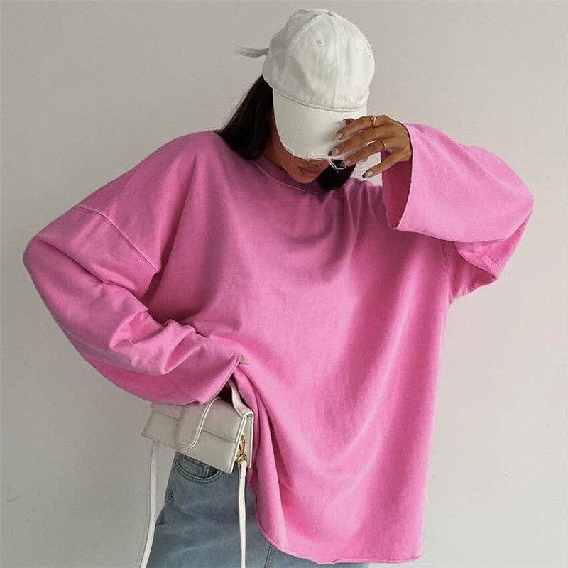 CANDY PINK Solid Color Loose Round Neck Long Sleeve Tshirt for wholesale on Faire2