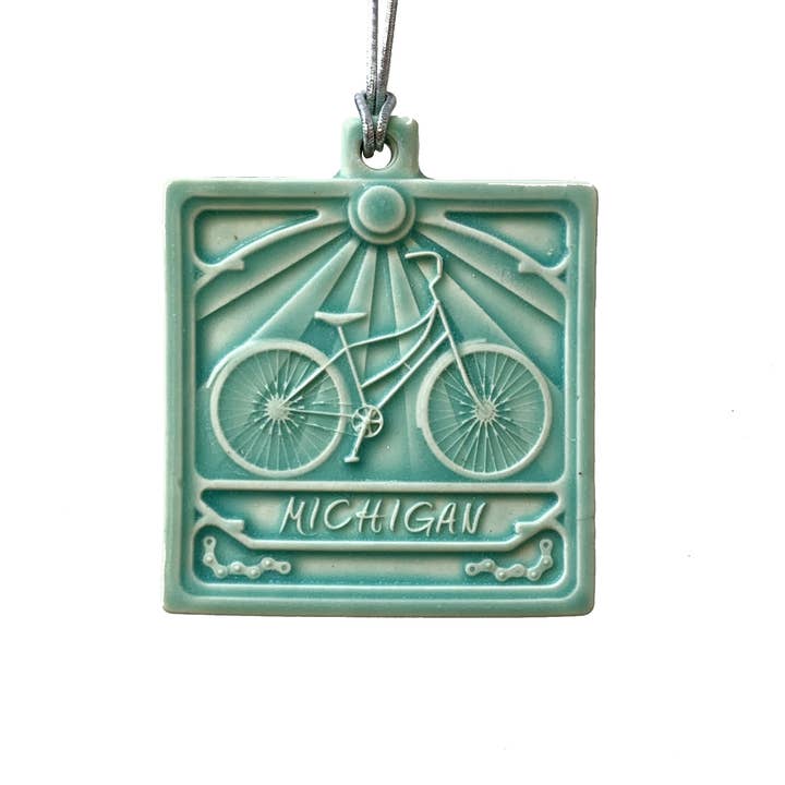 Michigan Bike Ornament Michigan Gift Holiday Ornaments for wholesale by Whistling Frog Tile Inc.