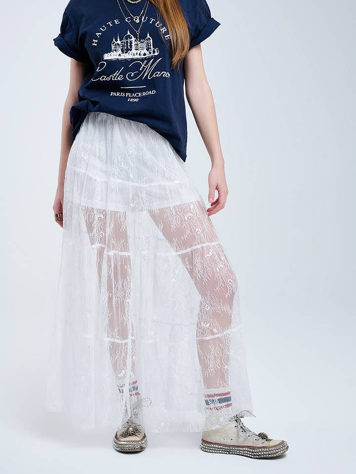 maxi white lace skirt with a floral print for wholesale by Q2—All Orders:Free Duties for the US,UK,and Canada