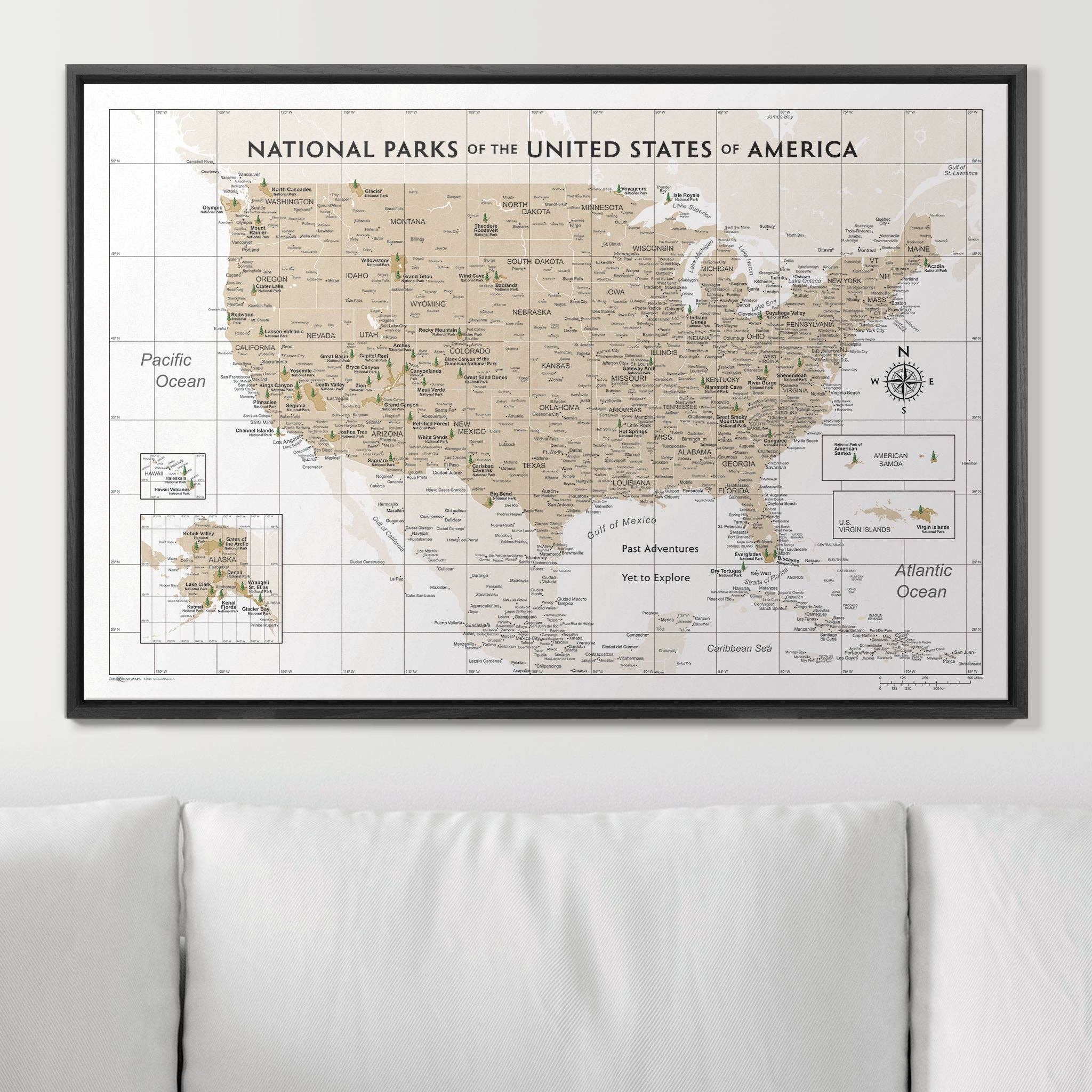 Conquest Maps - Wholesale Map - Push Pin National Parks Map - Light Brown Color Splash - Pins Included!5