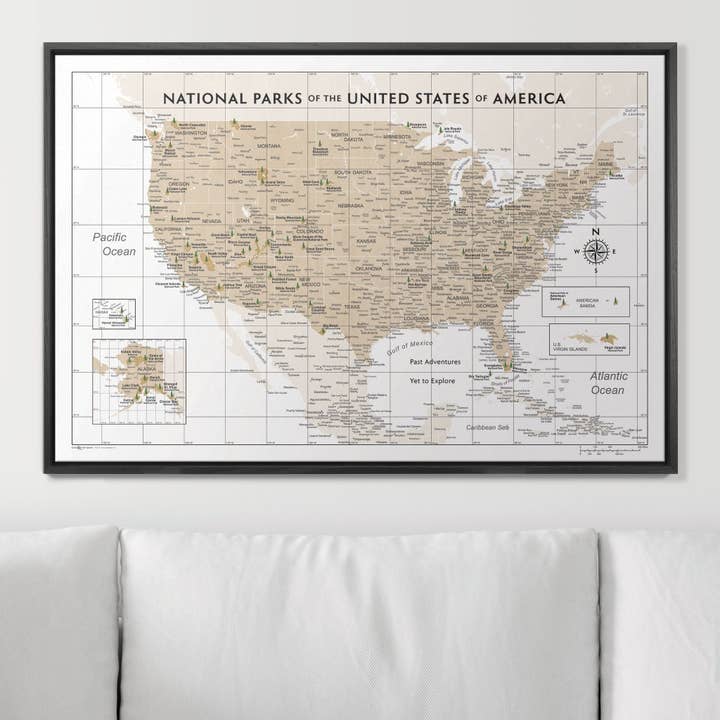 Conquest Maps - Wholesale Map - Push Pin National Parks Map - Light Brown Color Splash - Pins Included!5