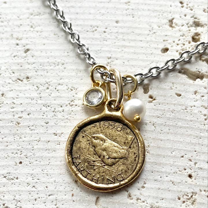 VB&CO Designs Handmade Jewelry - Wholesale Pendant/Charm Necklace - Farthing coin necklace England English royal jewelry bird